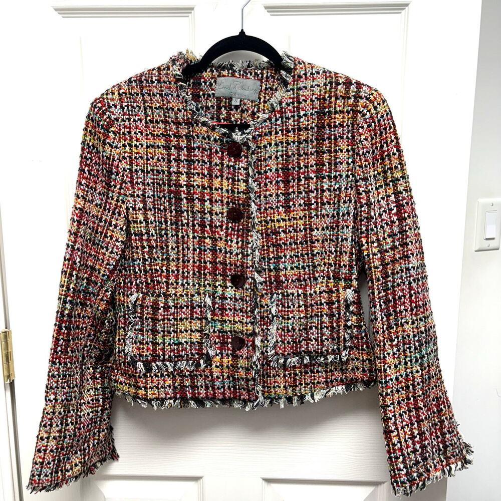 Vintage Emil Rutenberg Jacket Tweed Small Multicolor Cropped Fringe Red Lining